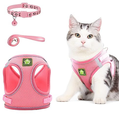 NeuWee Harnais Chat, Harnais pour Chat avec Laisse Gilet Réfléchissant avec Collier pour Chat, Collier Harnais et Laisses Sécurité Anti-évasion pour Chats et Chiots (XS, Rose)