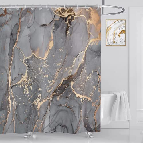 ASDCXZ Marmor Duschvorhang 150x180 cm, Leichter Luxus Marmor Textur Grau Gold Schwarz Modern Bad Duschvorhänge Waschbar Polyester Textil Wasserdicht Duschrollo für Badewanne mit 12 Duschvorhang Hake