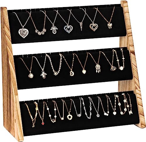 Emfogoo Kettenständer, 3 Stufig Kettenhalter mit Samt, Holz Ketten Aufbewahrung zum Verkauf, Schmuckständer für 72 Ketten, Armbänder Anzeige(Rustikal Braun)