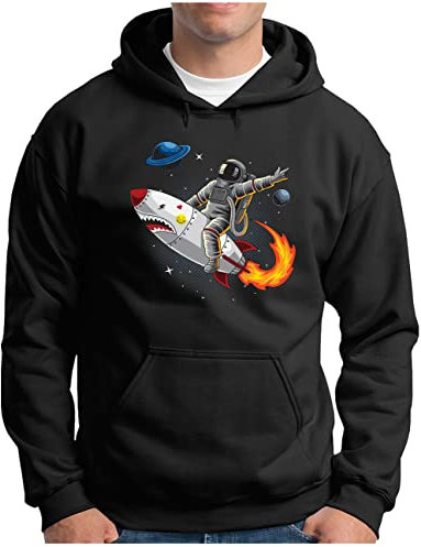 OM3® Astronaut Hoodie - Herren - Rakete Planet Galaxy Space Rocket #1 - Kapuzen-Pullover Schwarz, L