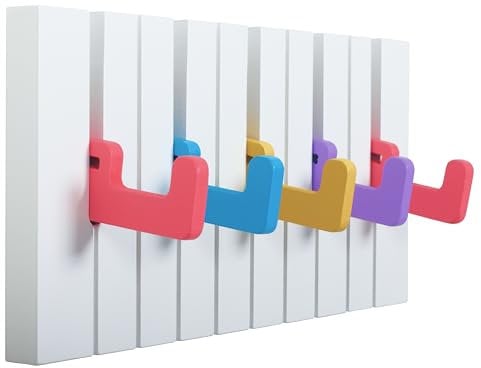 RICOO Garderobenhaken Wandhaken WM1885-S, Kindergarderobe Hakenleiste Klavier Design, Bunte Holz-Garderobenleiste, Modern & Klappbar, 5 Ausklappbare Haken für Kinderzimmer, Flur und Küche - 29x15x2cm