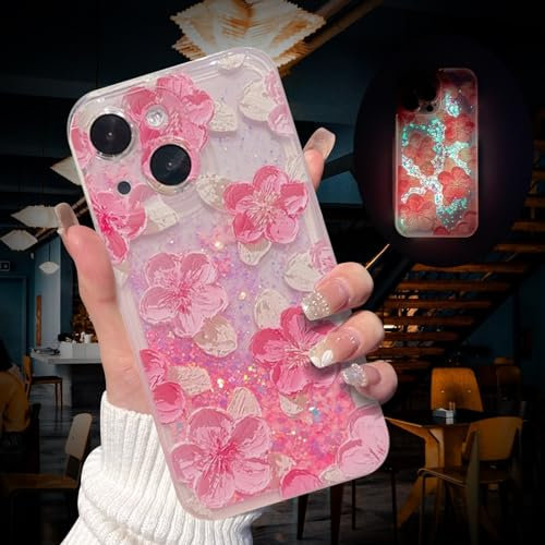 VALRION Compatible with iPhone 15 Oil Painting Flower Case Glow in The DarkLiquid Fluorescent Floating Waterfall Floral Case Women Girly Light up Case Soft TPU Luminous Phone Cover,Pink