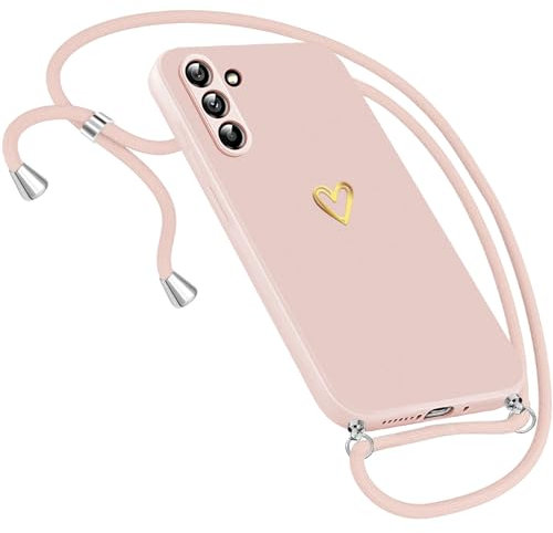 Coque pour Samsung S24 avec Cordon, Slim Mince Silicone Étui pour Samsung Galaxy S24 Case Motif Coeur avec Portable Chaîne Cordon de Collier, Antichoc Coque Galaxy S24 avec Réglable Lanière (pink)