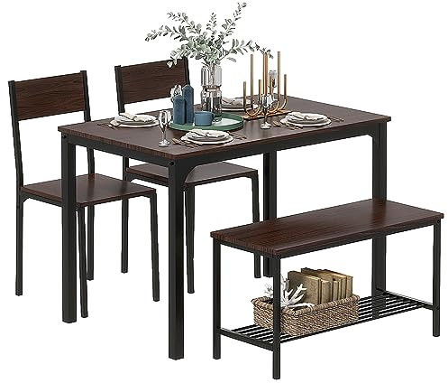SDHYL Esstisch Set für 4 - Küchentisch mit Zwei Stühlen und Einer Sitzbank für Wohnzimmer, Esszimmer (Nussbaum)