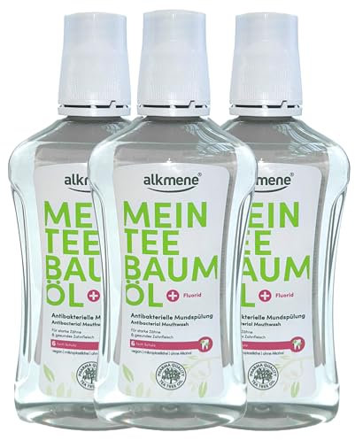 Alkmene Teebaumöl Mundspülung Vegan 500ml | Antibakterielle Mundspülung für starke Zähne & gesundes Zahnfleisch | 6-Fach Schutz, Mikroplastikfrei, Ohne Alkohol, Mit Fluorid (3er Pack)