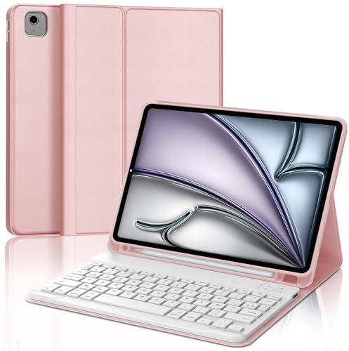 SENGBIRCH Coque Clavier pour iPad Air 11'' (M2) 2024, AZERTY Français - Étui iPad Air 11 Pouces avec Fente pour Stylo, Clavier Détachable sans Fil Bluetooth, Rose Clair