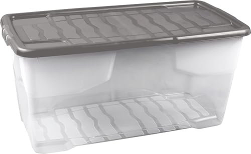 Strata 4 x 80 Litres Curve Plastic Stackable Storage Box & Lid with clip-on lids, 4 Pack, Multi storage box for home and office storage solution Clear Box, Grey Lid, (37cm H x 40cm W x 80cm D)