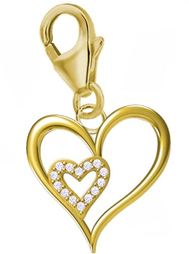 Zirkonia Herz Charm Anhänger 925 Silber Gelbgold vergoldet, Karabiner