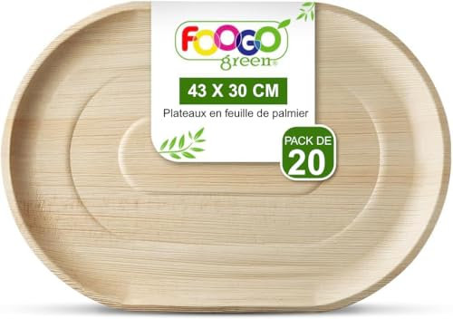 FOOGO Green 20 Plateaux de Service Jetables Feuille de Palmier, Grand Ovale 43x30 cm, Pizza, Entrées, Canapés, Planche Charcuterie, Robuste et Ecologique Comme Plateaux en Bois pour Plats Chauds