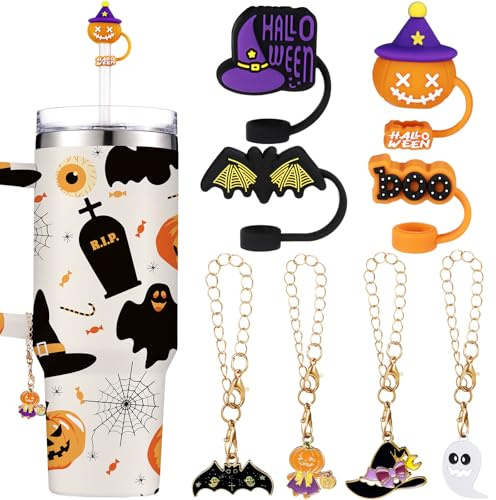 SiliFine 8pcs Halloween Straw Cover Cap Compatible with Stanley Cup Charm for Tumbler with Handle 10mm Silicone Reusable Straw Topper Cup Accessories for Party Decor(Witch)
