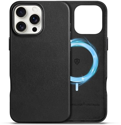 SHIELDON Case for iPhone 16 Pro Max 6.9, Genuine Leather Magnetic Wireless Charging Case [Non-Slip][Anti-Scratch][Slim Fit][Metal Buttons] Shockproof Cover Compatible with iPhone 16 Pro Max - Black