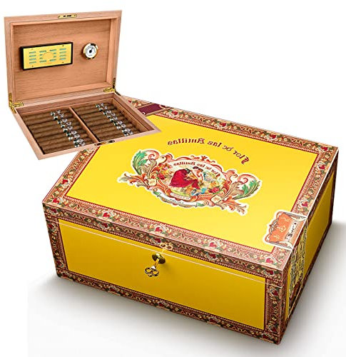 Humidor, Große Kapazität, Zwei-zonen-aufbewahrung, Klavierlack-humidor, Zedernholz-humidor Mit Sicherheitsschloss, Für 75 Zigarren,Yellow