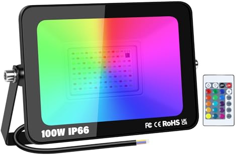 PICAA 1x 100W RGB LED Strahler Außen Mit Fernbedienung, 10000LM RGBW Farbwechsel Flutlicht, 16 Farben 4 Modi Dimmbar Flutlichtstrahler, Außenwandleuchten Für Party Garten Bühne