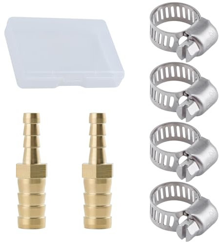 LEONTOOL 2 Pack Hose Barb Fittings Reducer, 1/4 to 3/8 Brass Hose Barb Reducer with 4 Hose Clamps, Reducing Barb Brabed Fitting Splicer Mender Union, Brass Hose Barb Adapter for Fuel Water Air