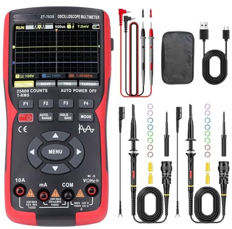 Digital Oscilloscope Multimeter Color Screen 25000 Counts Dual Channels 50MHZ Handheld Multifunction Tester Portable Oscilliscope ZT-703S for Electronics Lab
