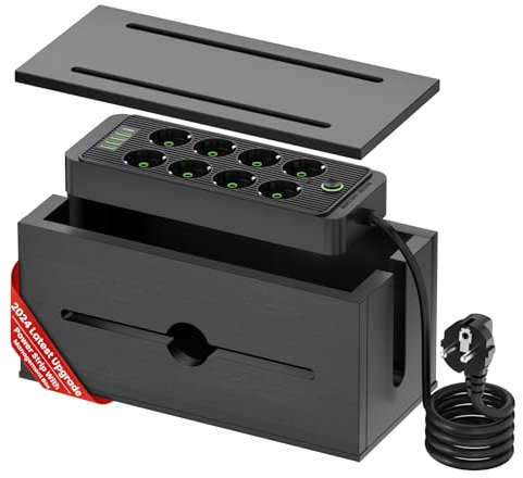 Hölzernem Kabelbox mit Steckdosenleiste, Ladestation Organizer mit 8-Steckdosen 4 USB & 1 Typ-C Schnellladen, Überspannungsschutz mit 200cm Verlängerungskabel für Büro, Zuhause (Schwarz A)