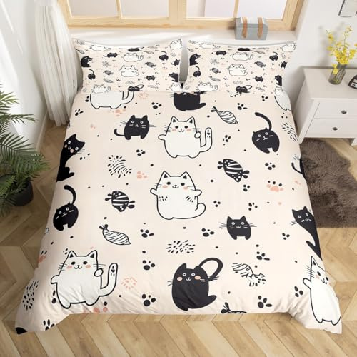 Homewish Kawaii Katze Mädchen Tröster Bezug 135x200 | Schwarz und Weiß Katze Thema Bettwäsche Set Nette Kleine Katze Fußabdruck Bettbezug Cartoon Kätzchen Bett Set Kind Teens