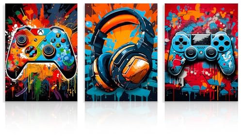 Dazzlewall 3Pcs Spiel Wand Kunstdrucke Graffiti Gamepad Kopfhörer Malerei Bilder, Coole Video-Poster für Teen Jungen Zimmer Schlafsaal Spiel Zimmer Dekor 30×40 cm Ungerahmt