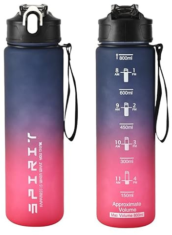 Xingdianfu Gourde de 800 ml avec paille, anti-fuite, marqueur de temps, pour le sport, le fitness, l'école, le yoga, l'extérieur, violet