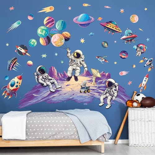 SHUHCING Große Wandtattoo Astronaut Mond, Wandaufkleber Weltraum Planeten, Selbstklebend Wandsticker für Spielzimmer Kinderzimmer Babyzimmer Jungenzimmer