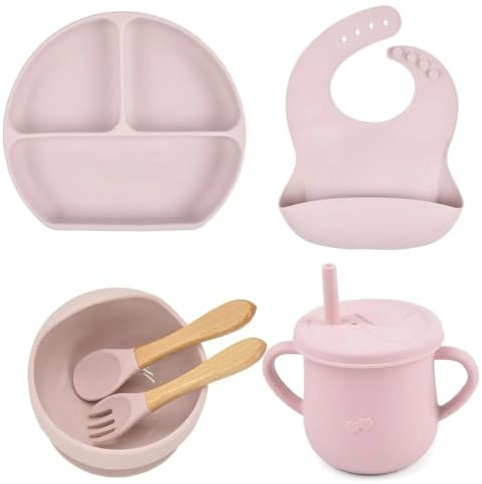 coffret repas bebe personnalisé, assiette compartiment ventouse pour bébé, bavoirs bebe silicone, cuillere et fourchette personnalisable, couvert bebe, cadeau naissance garcon fille (Rose clair)
