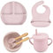 coffret repas bebe personnalisé, assiette compartiment ventouse pour bébé, bavoirs bebe silicone, cuillere et fourchette personnalisable, couvert bebe, cadeau naissance garcon fille (Rose clair)