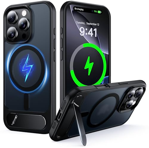 NJROW Magnetic Stand for iPhone 16 Pro Case Compatible with MagSafe [Stand & Wireless Charging 2in1] [Flush Hidden Kickstand] [Military Shockproof] Slim Translucent Matte Silicone,Black