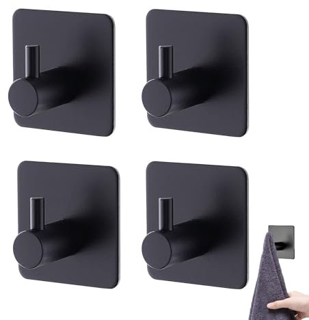 YUGUOLAN 4 Stück Handtuchhalter Ohne Bohren Schw, Handtuchhalter Schwarz Ohne Bohren, Handtuchhaken Ohne Bohren, Für Bad & Küche - Premium Haken Selbstklebend Inkl(Schwarz)