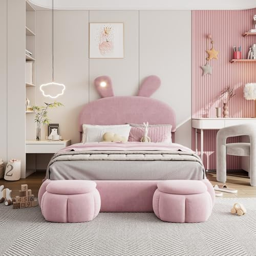 Letto Matrimoniale Imbottito Rosa 140x200 cm,Orecchie Di Coniglio Con Strisce Luminose A Colori Caldi A Luminosità Regolabile, Spazio Contenitore Sotto Il Letto, Due Sgabelli Contenitore, Velluto,