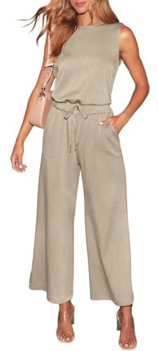 LACOZY Women's One Piece Jumpsuit Casual Loose Sleeveless Tank Overalls Elastic Waist Stretchy Romper with Pockets Apricot S