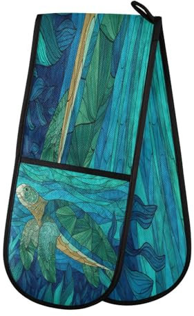 Oven Gloves Double Oven Gloves Sea Turtle Seaweed Nautical Coastal Oven Mitts Pot Holder Heat Resistant Quilted for BBQ Baking Kitchen Cooking Gloves