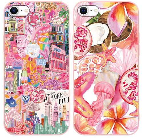 Vxinvnoi 2 Stück Handyhülle für iPhone 8/7/SE 2020/SE 2022 Hülle, Collage Motiv Aesthetic Obst Bunt Sommer Muster Mädchen Case, Weich Silikon TPU Bumper Stoßfeste Schutzhülle für iPhone 7 4,7, Rosa
