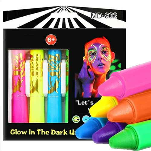 Glow UV Neon Glow Face Paint Crayons Kit, 6 Fluorescent Colours, Glow-in-the-Dark Face and Body Paint Kit for Adults Halloween Makeup Party Cosplay, Non-Toxic
