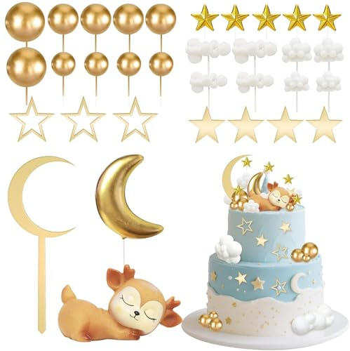 Decoracion de pastel de baby con 33 toppers tarta baby shower bautizo niño,decoración tarta infantil con luna,estrellas,nubes y ciervo,decoración tartas cumpleaños,baby shower decoracion revelacion