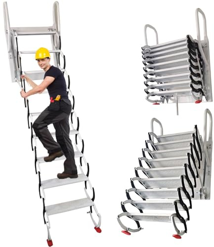 Teleskopleiter für Dachböden in Industriestärke, 300 kg Kapazität, Wandmontage, Klappleiter mit rutschfesten breiten Stufen für sicheren und einfachen Zugang (A, 3–3,49)
