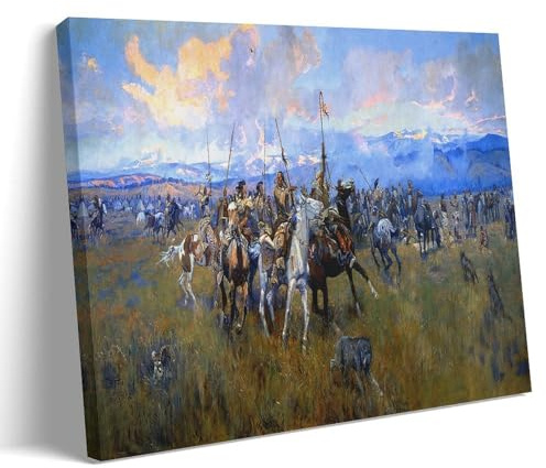 Charles Marion Russell Great Work (Lewis and Clark Meeting Indians at Ross' Hole), Leinwand-Kunstdruck, Poster für Schlafzimmer, Wohnheim, Wohnzimmer, Dekoration, 30 x 45 cm
