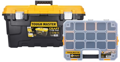 TOUGH MASTER 22 Heavy Duty Tool Storage Box large Capacity with Removable Tote Tray Handle &Compartment Organiser Waterproof for Power Tools, Hand Tools, Fixings (With 17 Inch Organiser)