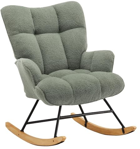 XH.Easy Go Fauteuil à Bascule, Tissu Teddy Peluche, Pieds en Bois d'Hévéa, Chaise d'Accent pour Nourrisserie, Salon, Chambre, Bureau(Vert Teddy)