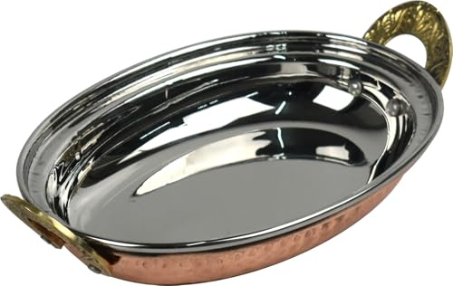 Catergold Copper & Stainless Steel Indian Serving Dish Traditional Hammered with Brass Handles (7 Inch)