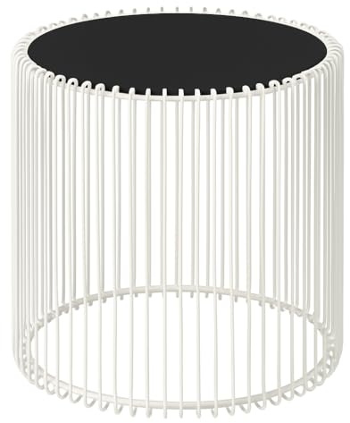 Design Beistelltisch Weiß aus Eisen mit Schwarzer Glasplatte – Moderner runder Sofatisch Couchtisch Wohnzimmertisch Metall Glastisch Industrial Stil – Wohnzimmer Schlafzimmer Flur Möbel – Ø45x46 cm