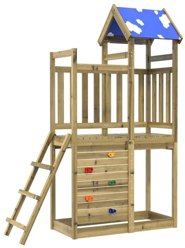 Spielturm aus massivem Kiefernholz mit Rutsche und Schaukel für den Garten, 5 x 52 cm braun, inklusive Klettermöglichkeiten