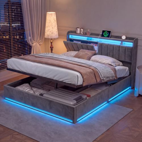 BPKADHY Polsterbett 160x200 mit Stauraum – Doppelbett mit LED & USB-C, Hydraulik Stauraumbett mit Bettkasten, inkl. Lattenrost & Kopfteil, Bettgestell für Erwachsene, Samt Grau, ohne Matratze