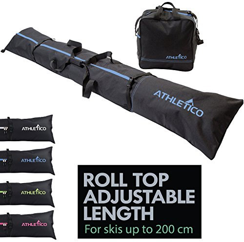 Athletico Zweiteilige Ski- und Bootstasche Combo | Lagern und transportieren Sie Skier bis 200 cm und Schuhe bis Größe 13 | Enthält 1 Skitasche und 1 Skischuhtasche (Schwarz mit Blauem Rand)