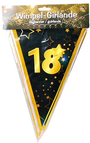 Udo Schmidt GmbH & Co Wimpelgirlande 18 Schwarz Gold zum 18. Geburtstag Party Dekoration Geburtstags Deko