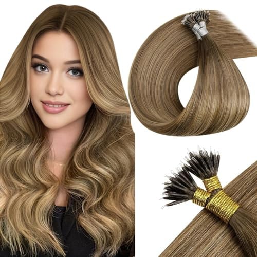 LaaVoo Nano Hair Extensions Real Human Hair Brown Nano Beads Hair Extensions Balayage Light Brown to Dark Blonde Invisible Nano Ring Straight Remy Hair 50g 50s 14 Inch #8/16/8