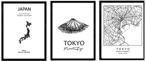 Nacnic Packung Poster von Ländern und Denkmälern. Karte Stadt Tokio, Monument Monte Fuji und Karte Japan. A4-Größe mit Rahmen