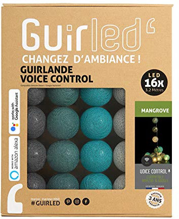 GuirLED - LED Baumwollkugeln Lichterkette WIFI USB - Sprachsteuerung - Connected Home - Amazon Alexa & Google Assistant - 2xUSB-Netzadapter enthalten - 16 Kugeln 1,6m - Mangrove