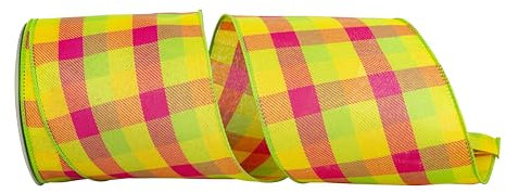 Reliant Ribbon Celine Plaid Twill-Band mit Drahtrand, 10,2 cm x 9,1 m, Zitrus/Fuchsia
