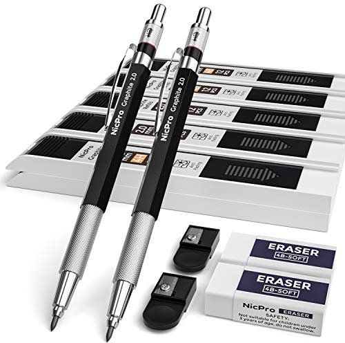 Nicpro 2mm Druckbleistifte Set, 2 Stücke Fallminenstift Metall Mechanische Bleistifte 2,0 mm,10 Dosen Farbe & Schwarz Bleimine (HB 2B 4H 2H 4B), Radiergummis, Anspitzer für Schreiben Zeichnen