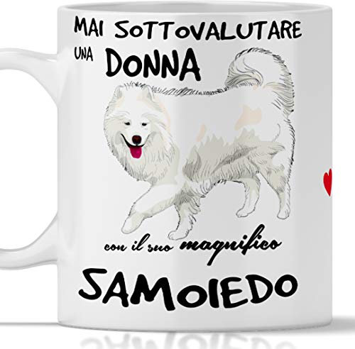 Mug Samoiedo pour petit déjeuner, thé, tisane, café, cappuccino. Gadget tasse Mai Sous-estimer une femme avec un chien samoïde. Idée cadeau originale
